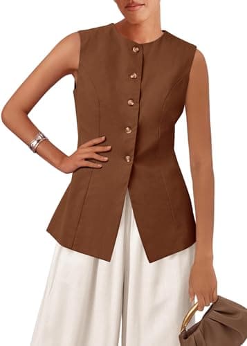 KIRUNDO Vest Tops for Women Trendy Dressy Business Casual Outfits 2026 Summer Sleeveless Fitted Blazer Work Suit Waistcoat(Brown, XX-Large) - Image 1