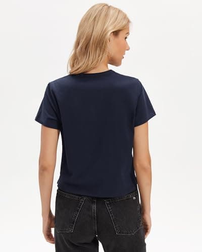 Stelle Women's Short Sleeve Crewneck T-Shirts Cotton Basic Tees Summer Casual Solid Crop Tops Navy Blue X-Small - Thumbnail 4