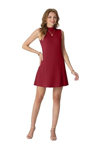 HiMONE Womens Sleeveless Mock Neck Mini Dress with Pockets A Line Knee Length Cute Office Dress Wine Red - Image 1