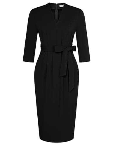 GRACE KARIN Business Dresses for Women 3/4 Sleeve V Neck Sheath Dress Black Funeral Dress Slim Classy Formal Church Dresses for Women M - Image 1