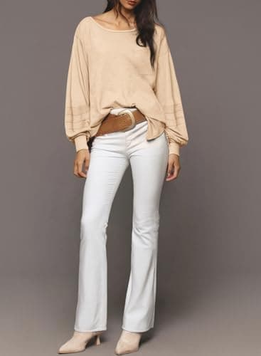 Dokotoo Spring Outfits for Women 2026 Crew Neck Long Sleeve Shirts Dressy Casual Side Slit Beige Tops Trendy Business Casual Womens Tops with Pocket Large - Thumbnail 3