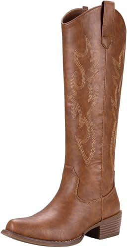 Jeossy Women's Brown Cowboy Boots Embroided Western Cowgirl Boots Round Toe Knee High Pull on Wide Calf Shoes with Inside Zipper Size 7 (DJY9809 brown 07) - Image 1