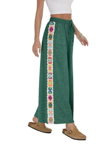 Fenclushy Womens Wide Leg Pants Stretch Casual Drawstring Waist Pants Loose Lounge Sweatpants Crochet Panel Pants with Pockets(Green,M) - Image 1