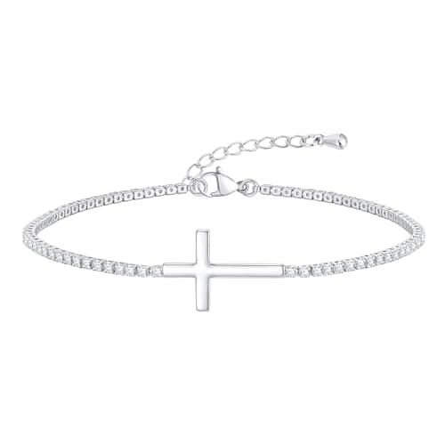 Gold Cross Bracelet for Women - 14k Gold Plated Cubic Zirconia Tennis Bracelet, Adjustable Danity Cross Charm Link Chain Trendy Jewelry Wedding Birthday Easter Religious Christian Gift for Her - Image 1