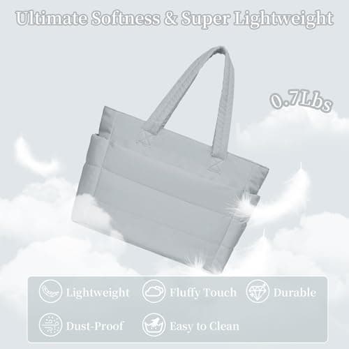 JHhomezeit Puffer Tote Bag for Women-Large Work Tote Bags Quilted Lightweight Puffy Bags Shoulder Bag with Laptop Compartment Gray - Thumbnail 6