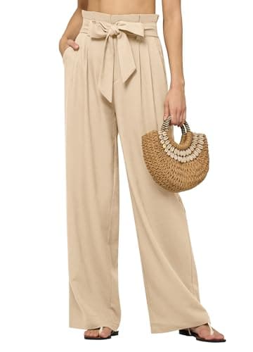AVICHIC Women Linen Pants 2025 Paperbag Wide Leg Dress Pants High Waisted Work Slacks Tie Knot Trousers with Pockets 28" Khaki XL - Image 1
