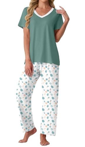 PrinStory Pajamas for Women Set Soft Pjs 2 Piece Pajama Sets Casual Pj Short Sleeve Lounge set with Pockets White Color Block-L - Image 1