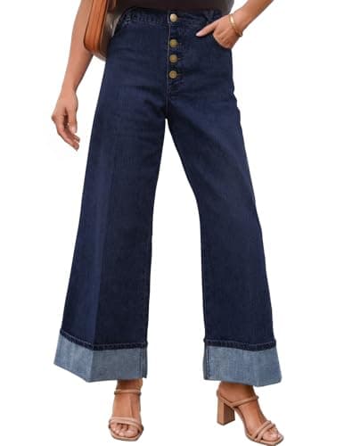 MEROKEETY Wide Leg Jeans Women 2026 Baggy Trendy Mid Rise Button Fly Straight Leg Turned-up Hem Denim Pants with Pockets, Navy Blue, Size 12 - Image 1