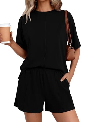BTFBM Casual 2 Piece Sets For Women Summer 2026 Short Sleeve Tops Shorts Spring Lounge Matching Workout Airport Outfits(Black,XX-Large) - Image 1