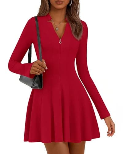 Lazysmile Fall Dresses for Women 2025 Long Sleeve V Neck Half Zip A Line Swing Casual Party Club Mini Short Dress Wine Red - Image 1