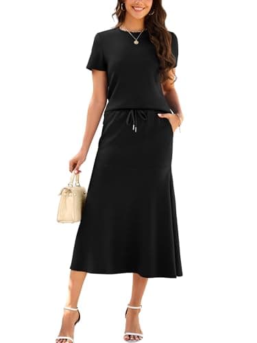 Casly Lamiit Womens 2 Piece Sets Casual Short Sleeve Travel Outfits Matching Midi Skirt Set with Pockets School Teacher Outfits M - Image 1