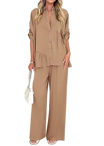 KIRUNDO Two Piece Sets for Women Spring Outfits 2026 Summer Dressy Casual Button Down Shirt Wide Leg Pants Lounge Set(Khaki, XX-Large) - Image 1
