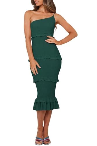 PRETTYGARDEN Women's Summer Midi Bodycon Dresses One Shoulder Strappy Tiered Ruffle Floral Boho Sun Dress (Solid Dark Green,Small) - Image 1