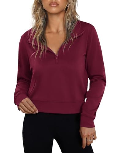 Totatuit Women Quarter Zipper Cropped Sweatshirt Half Zip Casual Fall Winter Sweatshirts Workout Gym Hiking Wine Red M - Image 1