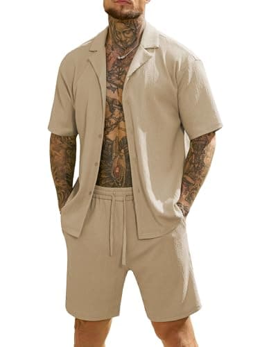 JEMLDL Men's 2 Piece Outfit Vacation Textured Shirts Sets Revere Collar Button Down Shirt Casual Beach Shorts Khaki L - Image 1