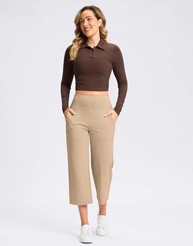 G Gradual Women's Capri Pants with Pockets High Waist Yoga Pants Wide Leg Workout Crop Summer Pants for Casual, Travel, Exercise(Khaki, Inseam 21, XXXL) - Thumbnail 6