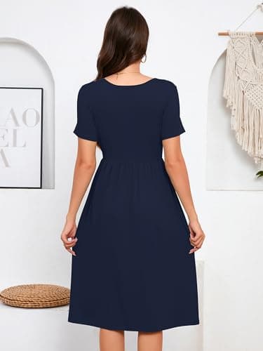 DEARCASE Women's Dresses Navy Blue X-Large Short Sleeve A line Summer Beach Midi Sundress Casual Wedding Guest Flowy Swing Cocktail Slimming Birthday Party Spring Travel Long Dress with Pockets - Thumbnail 2