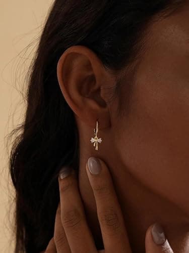 Dangle Earrings for Women 14K Gold Plated Cubic Zirconia Hoop Earrings Dainty Bow Diamond Drop Earring Wedding Jewelry for Brides - Thumbnail 4