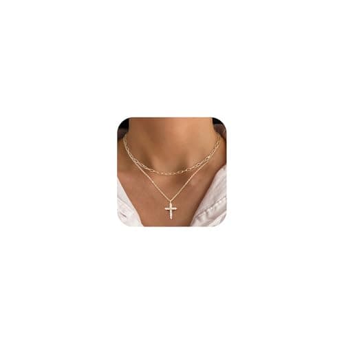 Goxygen Layered Cross Necklace for Women - 14K Plated Gold Double Layer Chain Necklace, Dainty Cubic Zirconia Crucifix Pendant Necklace, Anniversary Birthday Christian Faith Jewelry Gift for Her - Image 1