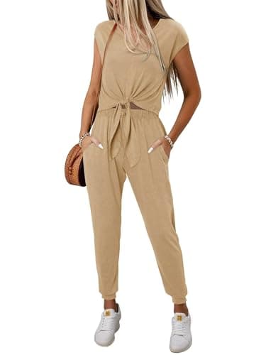 Magritta Ladies Summer 2 Piece Outfits Khaki Cap Sleeve Strappy Crop Top Joggers Pant Sets Plus Size Casual Tracksuit Lounge Wear 2026 XL - Thumbnail 2