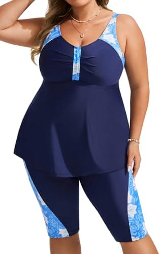 Hanna Nikole Women's Plus Size Tankini Swimsuit Rash Guard Capris Athletic Two Piece Swimwear Bathing Suits for Women Navy＆Blue Flowers 16W - Image 1