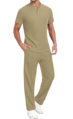 PrinStory Men's Short Sleeve Outfits Waffle Knit Henley Shirt and Pants Set Casual 2 Pieces Summer Tracksuits with Pockets Khaki-2XL - Image 1
