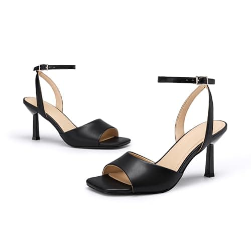 Athlefit High Heels for Women Black Square Open Toe Stiletto Heels Ankle Strap Buckle Dress Prom Kitten Heeled Sandals Size 6 - Thumbnail 6