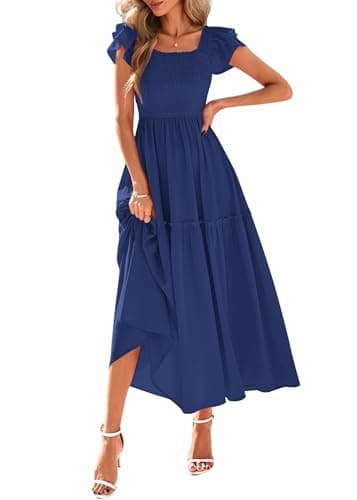 KIRUNDO Smocked Summer Dresses for Women 2026 Wedding Guest Midi Flowy Ruffle Short Sleeve Square Neck Tiered Sundress(Dark Blue, X-Large) - Image 1