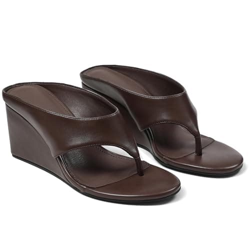 AMINUGAL Brown Wedge Sandals for Women Trendy Dressy Summer Chocolate Wedges Heels Chunky Heel Open Round Toe Tan Womens flip flops slides Cute Beach Slip On Thong Sandals for Ladies Y2K Size 8.5 - Thumbnail 4