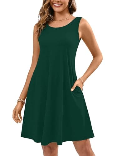 KORSIS Summer Dress for Women Casual T Shirt Tank Dresses Sleeveless Swing Flowy Ladies Formal Work Sundress with Pockets Dark Green S - Image 1