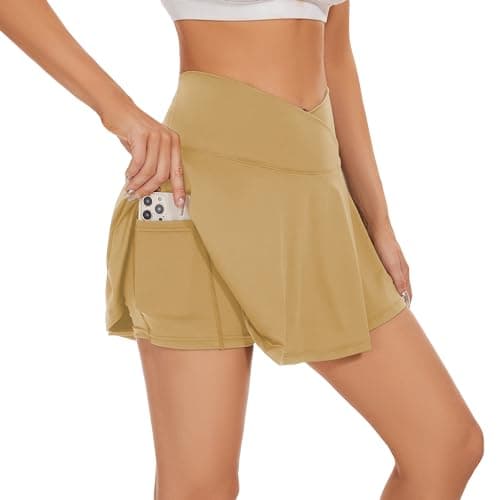 bpbtti Womens Pleated Tennis Skirt Crossover Golf Skorts Skirts with Pockets Activewear Summer Workout Running Shorts (Beige, S) - Image 1