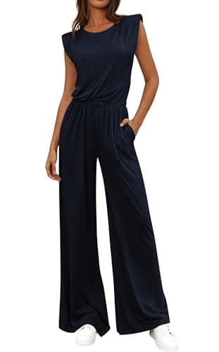 BTFBM 2 Piece Sets for Women Spring 2026 Casual Shoulder Pad Tank Top Wide Leg Pants Matching Set Travel Airport Outfits(Navy Blue, Medium) - Image 1