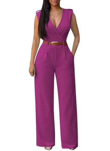 Pink Queen Jumpsuits For Women Dressy Sexy Sleeveless Wrap V Neck Wide Leg Long Pants Wedding Rompers Rose Purple L - Image 1