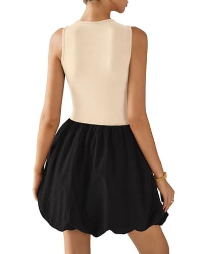 KIRUNDO Summer Bubble Dress for Women 2026 Casual Mini Spring Bodycon Cocktail Dresses Sleeveless Drop Waist Sundress Beach(Beige Black, Small) - Thumbnail 2