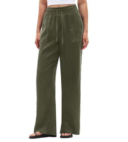 SEMARO Wide Leg Palazzo Pants for Women Casual Drawstring Flowy Beach Linen Trousers with Pockets Vacation Grey Green - Image 1