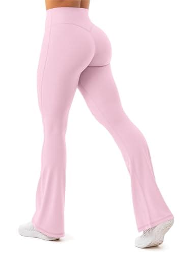 Unthewe High Waisted Flare Leggings for Women Tummy Control Butt Lifting Workout Yoga Wide Leg Pants(U926-Pink-M) - Image 1