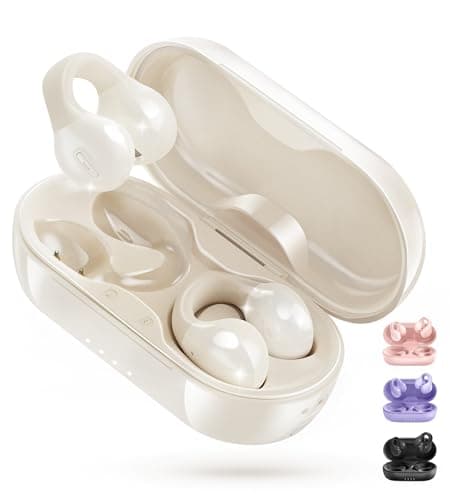 King Lucky i21 Open Ear Clip On Earbuds Wireless Bluetooth Ear Clip Headphones with Mic,Noise Cancelling, Waterproof IPX4,for Small Ears,Perfect for Running,Sports,Glasses Wearers (White)