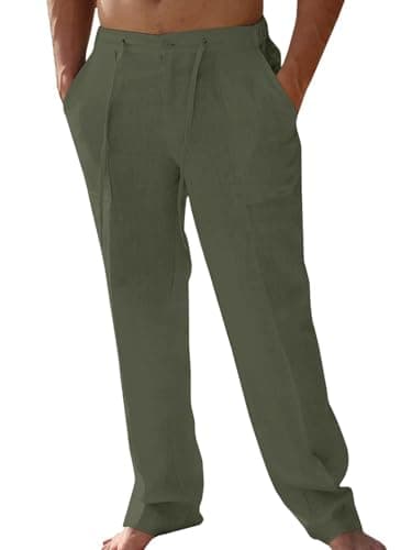 AKEFUN Mens Summer Casual Linen Pants Beach Elastic Drawstring Waistband Loose Fit Slacks with Pockets Army Green - Image 1
