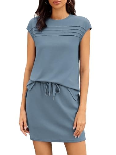 Casly Lamiit Summer Outfits for Women 2 Piece Tennis Skirts with Shorts Sets Pleated Comfy Matching Clothing Drawstring Tropical Lounge Sets Blue Grey XL - Image 1