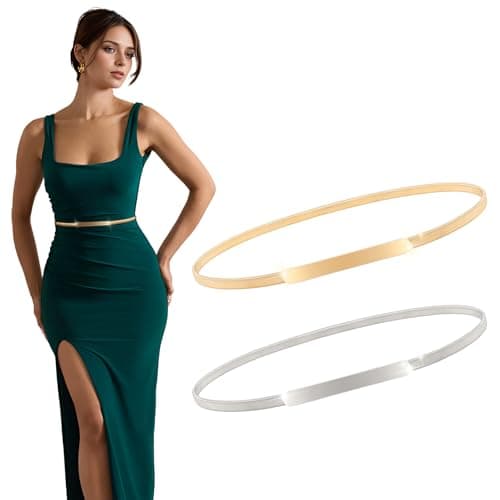 XZQTIVE 2 Pieces Women Skinny Metal Chain Waist Belt Stretchy Saree Cinch Belt for Dress Gold Sliver (00 Gold, Fit waist 30-33 in) - Image 1