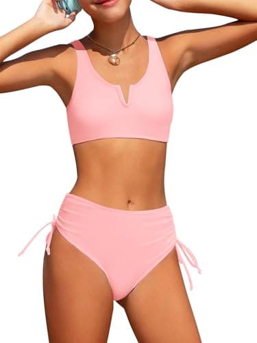 AMAWMW Girls Bikini Set Cutout Swimsuit Adustable Strap Two Piece Bathing Suit Summer Swimwear, Pink, 13-14 Years - Image 1