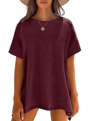 Caracilia Women Summer Lightweight Sweater Top Oversized Short Sleeve Drop Shoulder Seams Outside Casual T-Shirts Trendy 2026 Wine Red Medium - Image 1