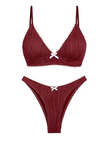 seamoly Womens Bikini Set Padded Swimsuit Bow Detail Lace Playful Bathing Suit High Leg Adjustable Straps Swimwear Wine Red M - Image 1
