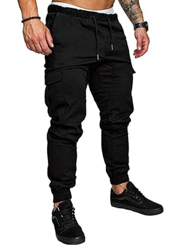 JMIERR Man Fashion Cargo Pants - Casual Cotton Tapered Stretch Twill Chino Athletic Joggers Sweatpants Drawstring Hiking Workout Trousers Travel Pants with Pockets for Men, US 36(L), 1 Black - Image 1