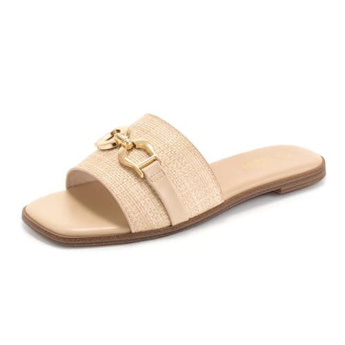 Rihero Women's Flat Sandals Comfortable Dressy Square Peep Toe Slides Slip On Beach Cute Ladies Raffia Sandals Size 7.5 - Image 1