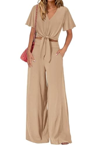 PRETTYGARDEN Women 2 Piece Summer Outfits Short Sleeve Strappy Top Wide Leg Pants Tracksuit Lounge Sets Beach Clothes(Khaki,XX-Large) - Image 1