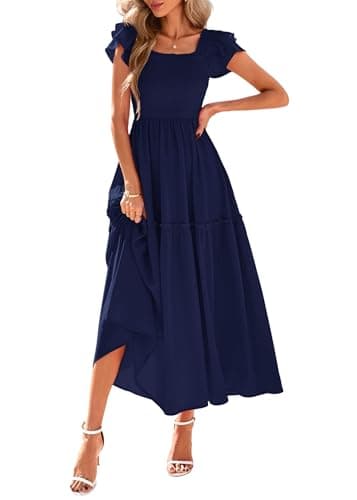 KIRUNDO Smocked Summer Dresses for Women 2026 Wedding Guest Midi Flowy Ruffle Short Sleeve Square Neck Tiered Sundress(Navy Blue, X-Large) - Image 1