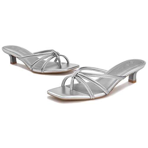 Athlefit Silver Heels for Women Square Toe Strappy Kitten Heel Thong Sandals Slip On Dress Flip Flop Low Heels for Prom Size 8 - Thumbnail 6