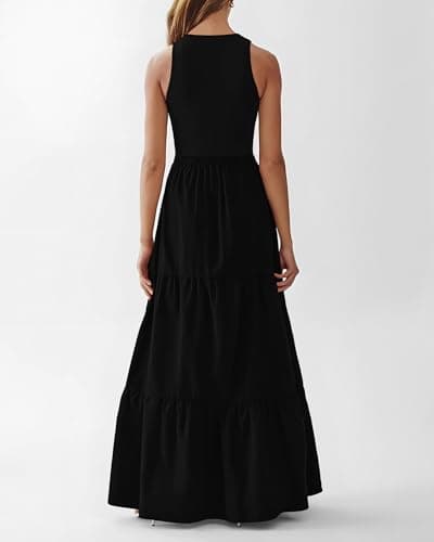 BTFBM Women Sleeveless Summer Dresses Wedding Guest Maxi Dresses Ribbed Knit Tops and Polyester Skirt with Pockets(Solid Black,Large) - Thumbnail 3