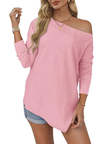 Tankaneo Womens Off The Shoulder Tops Casual Long Sleeve T Shirts Irregular Hem Split Tunics Loose Fall Blouse Shirt Pink - Image 1